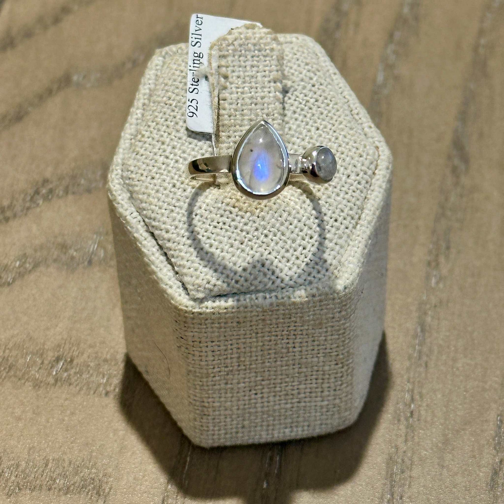 Rainbow Moonstone Teardrop-Dual Accent Ring – Sterling Silver – Size 7