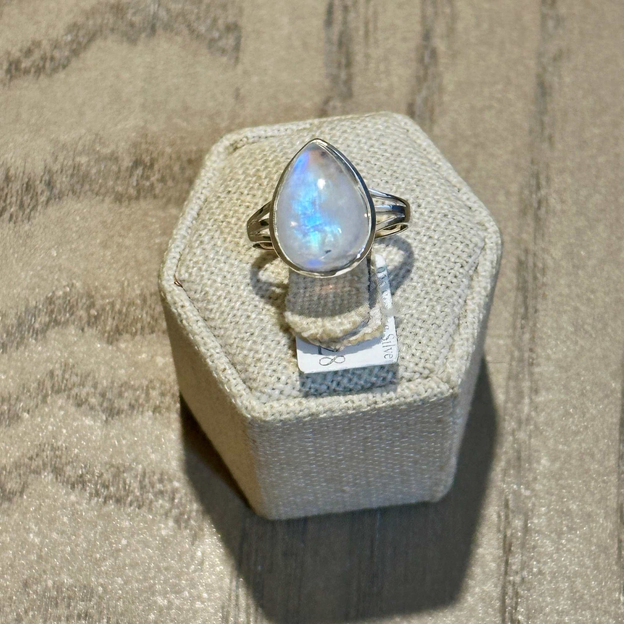 Rainbow Moonstone Teardrop-Triple Band Ring – Sterling Silver – Size 7