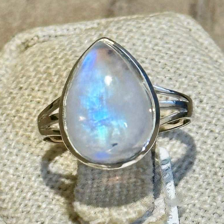 Rainbow Moonstone Teardrop-Triple Band Ring – Sterling Silver – Size 7