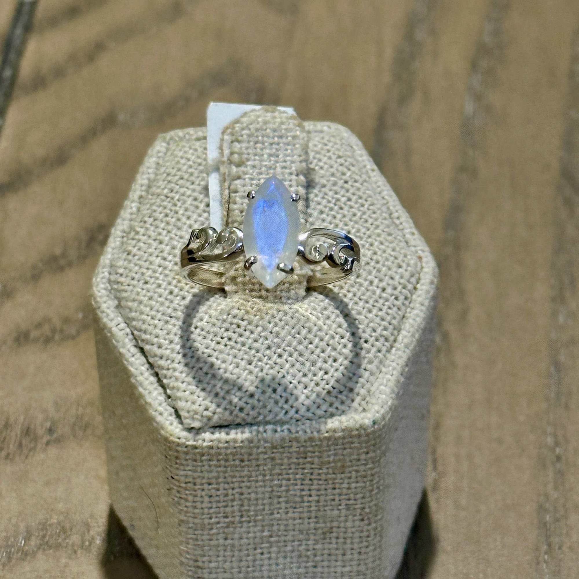 Rainbow Moonstone Marquise-Scroll Ring – Sterling Silver – Size 8
