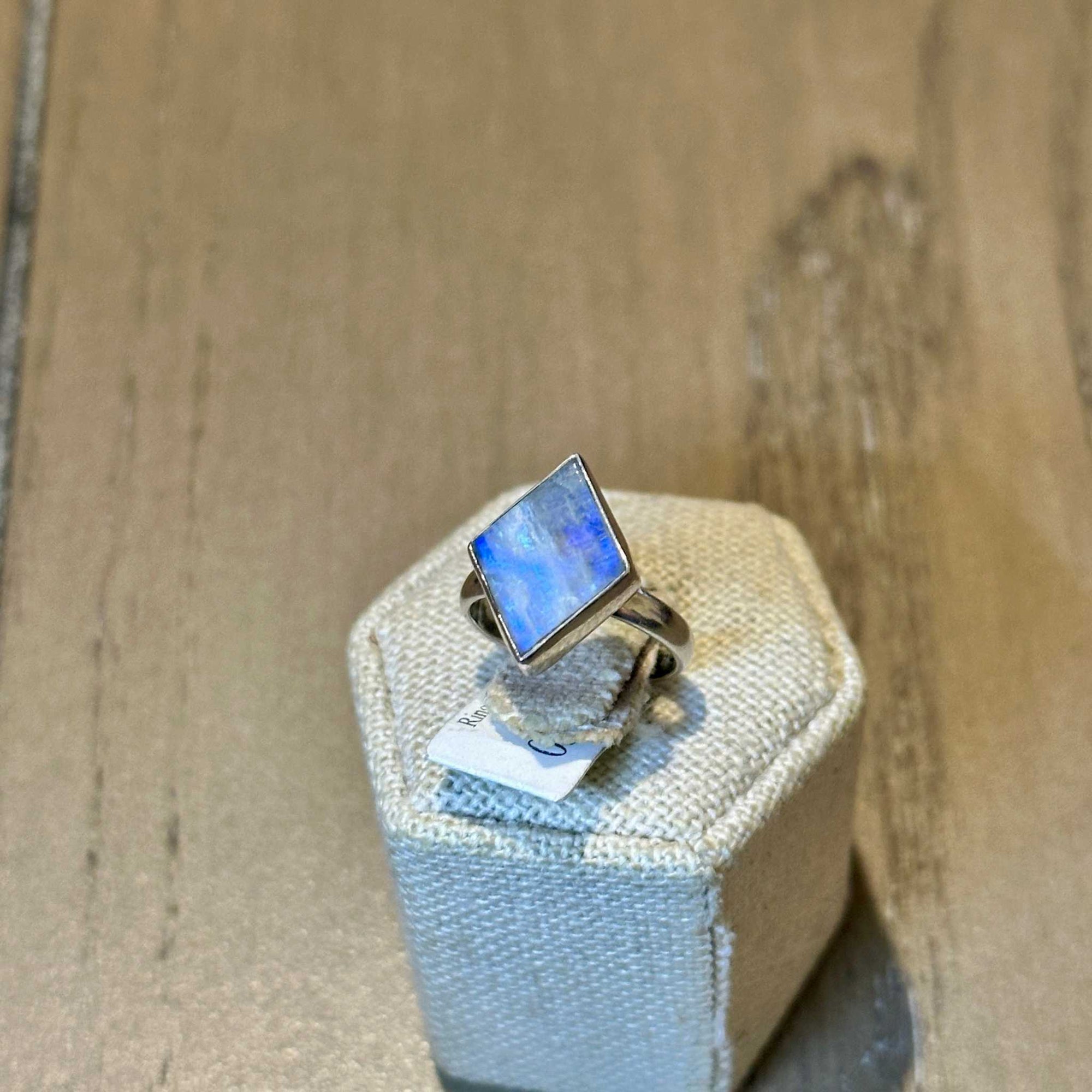 Rainbow Moonstone Diamond-Frame Ring – Sterling Silver – Size 5