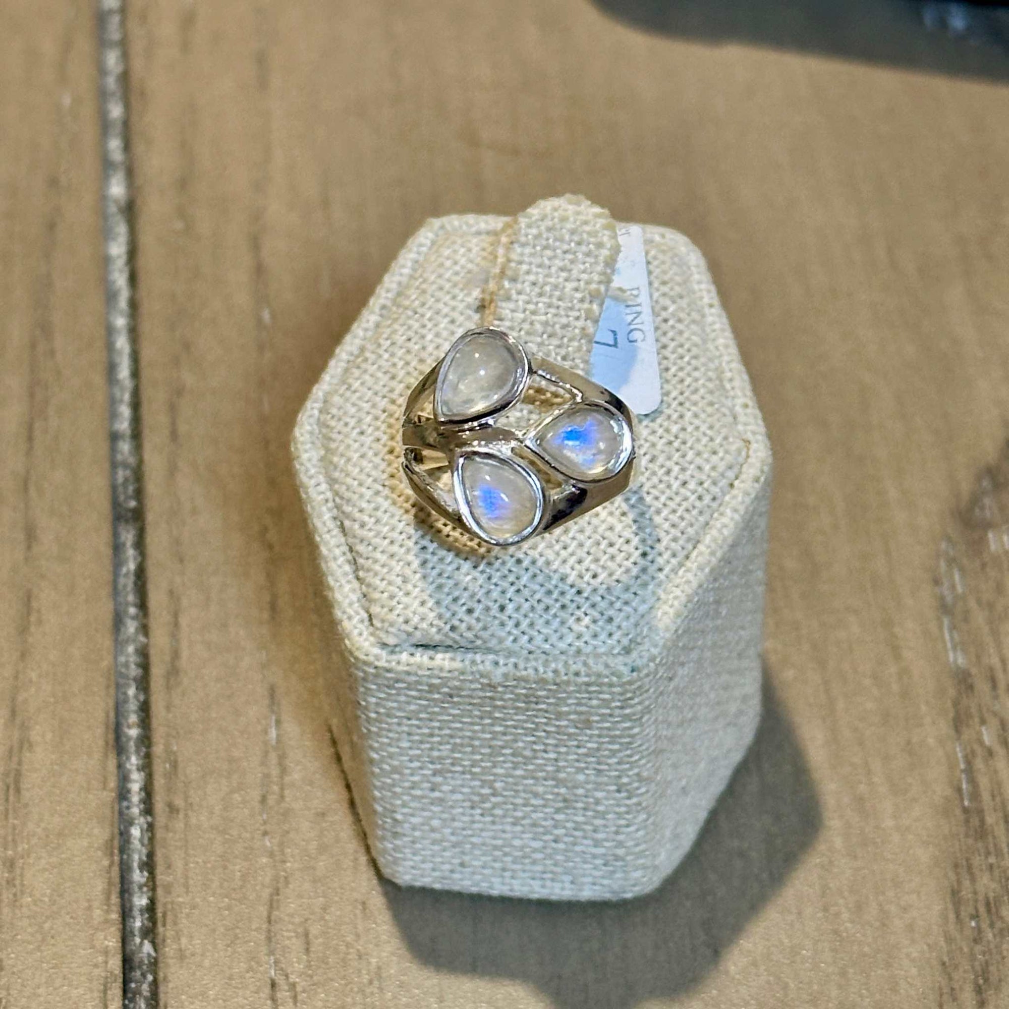 Rainbow Moonstone Triple-Teardrop Cluster Ring – Sterling Silver – Size 7
