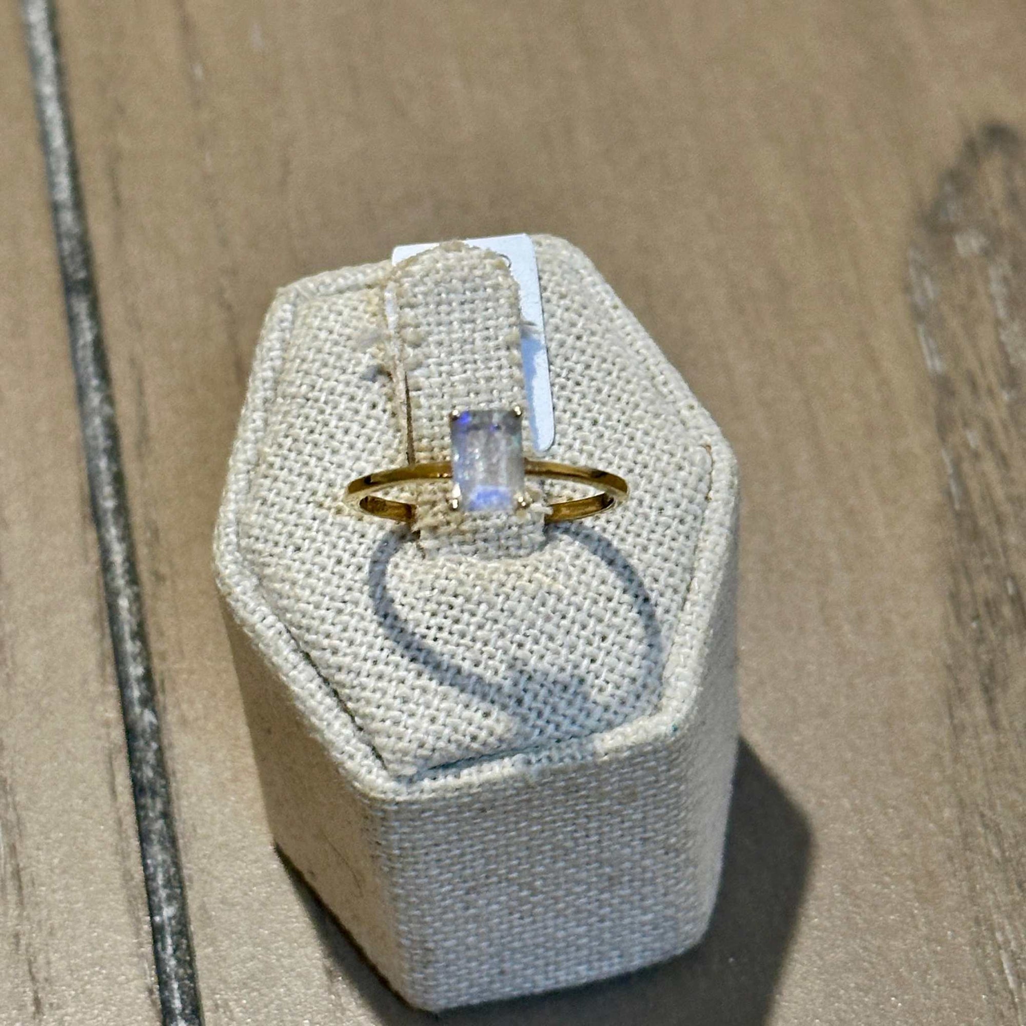 Rainbow Moonstone Emerald-Cut Solitaire Ring – Gold Vermeil – Size 8