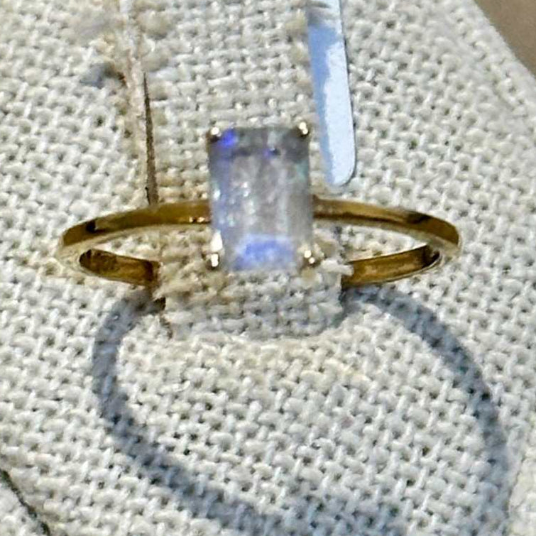 Rainbow Moonstone Emerald-Cut Solitaire Ring – Gold Vermeil – Size 8