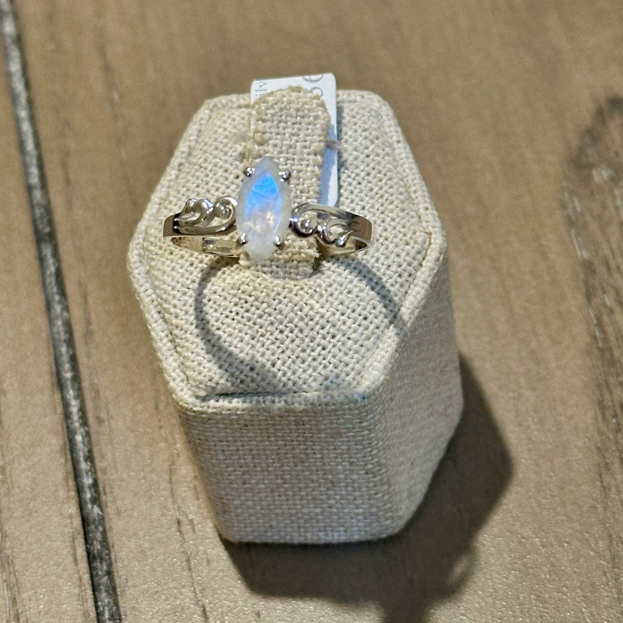Rainbow Moonstone Marquise-Scrollwork Ring – Sterling Silver – Size 14