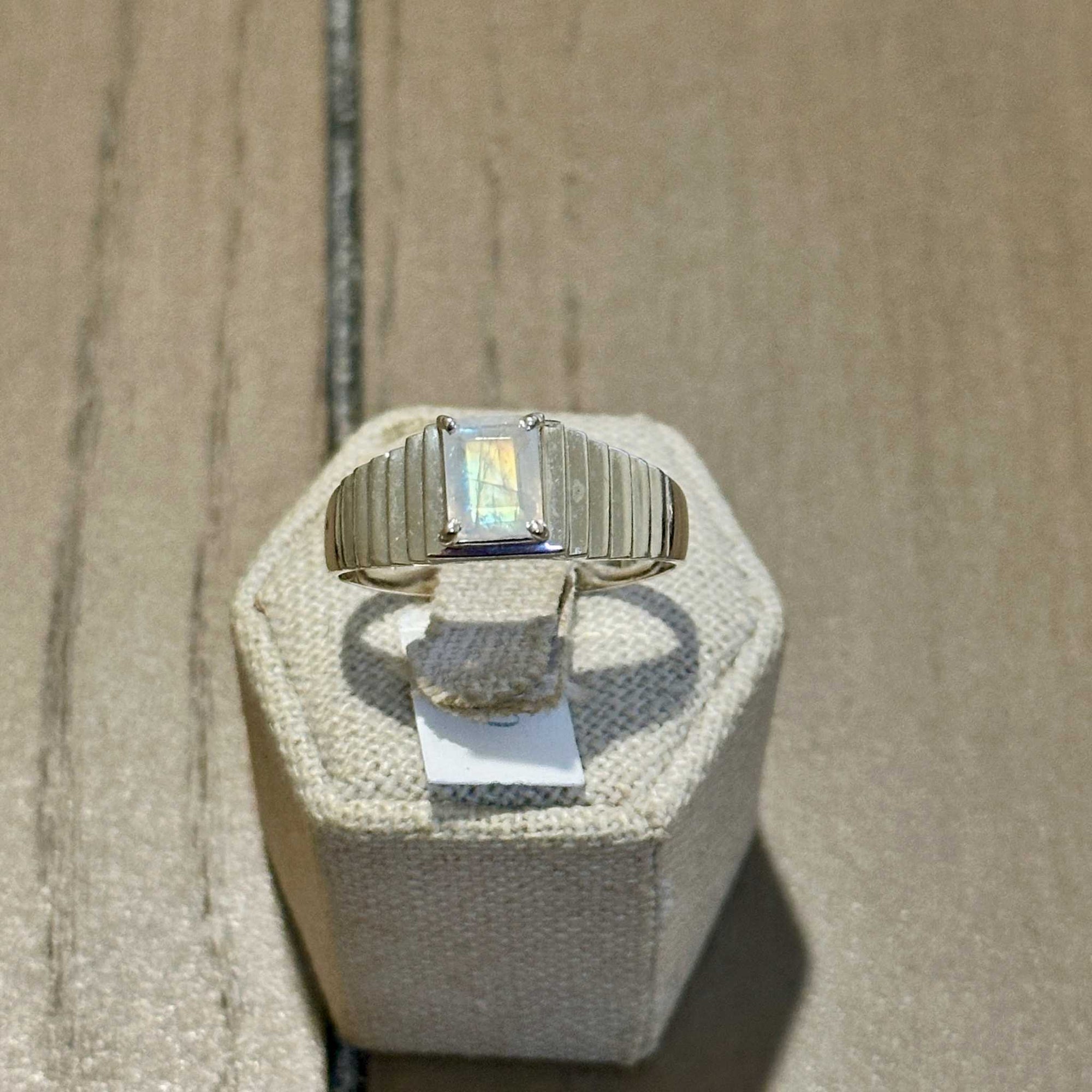 Rainbow Moonstone Baguette-Ridged Band Ring – Sterling Silver – Size 14