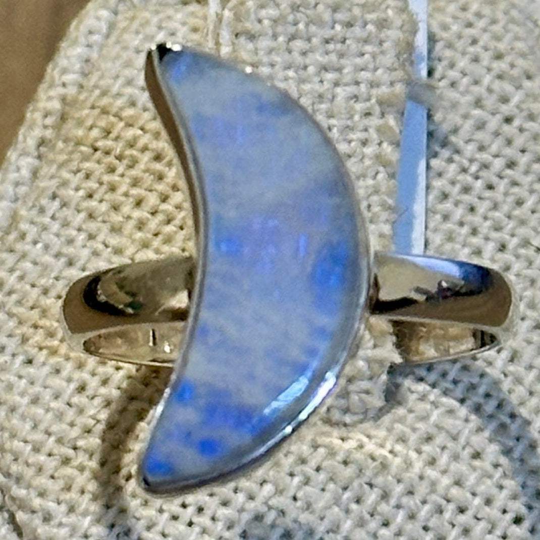 Rainbow Moonstone Crescent-Moon Ring – Sterling Silver – Size 10