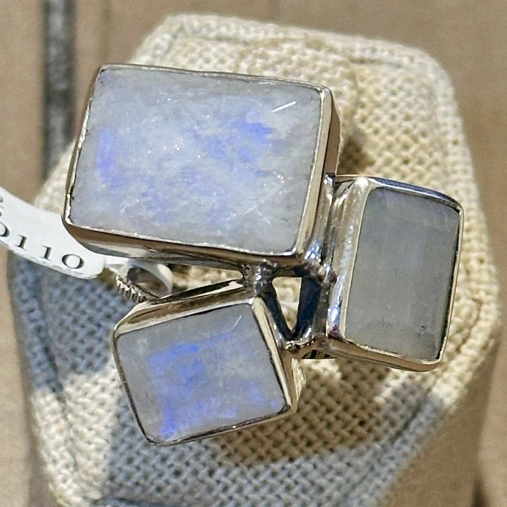 Rainbow Moonstone Geometric-Cluster Ring – Sterling Silver – Size 6