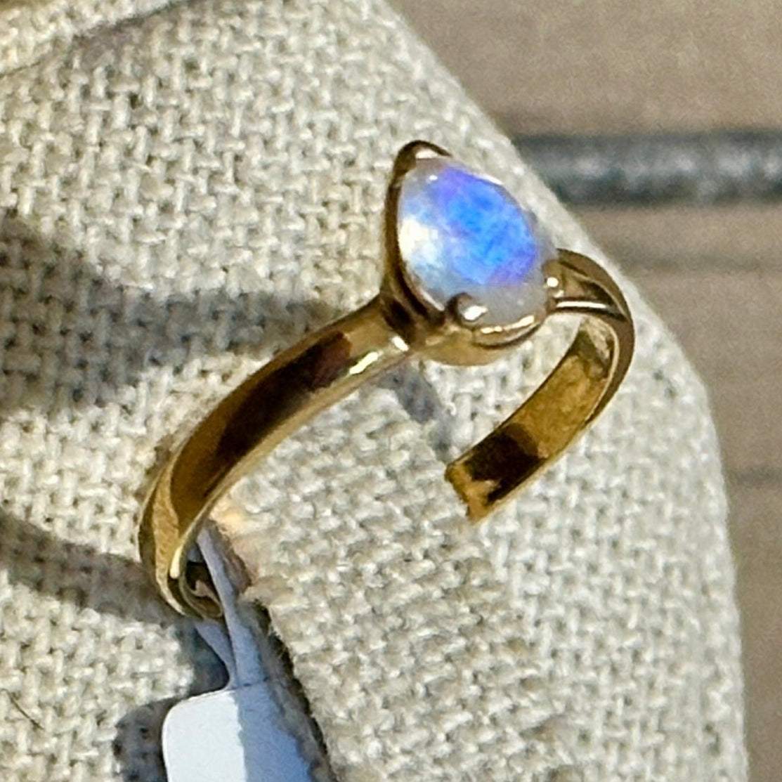 Rainbow Moonstone Teardrop-Open Wrap Ring – Gold Vermeil – Size 6