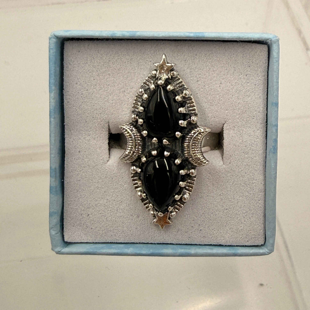 Sterling Silver Double Teardrop Celestial Black Onyx Ring - Size 6 - Protective, Grounding & Stabilizing