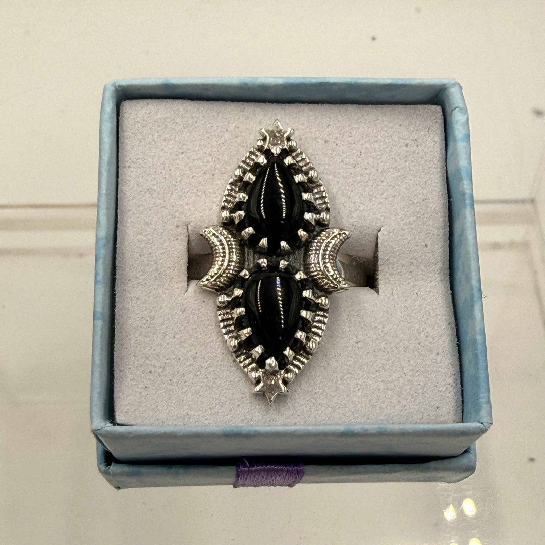 Sterling Silver Double Teardrop Celestial Black Onyx Ring - Size 9 - Protective, Grounding & Stabilizing