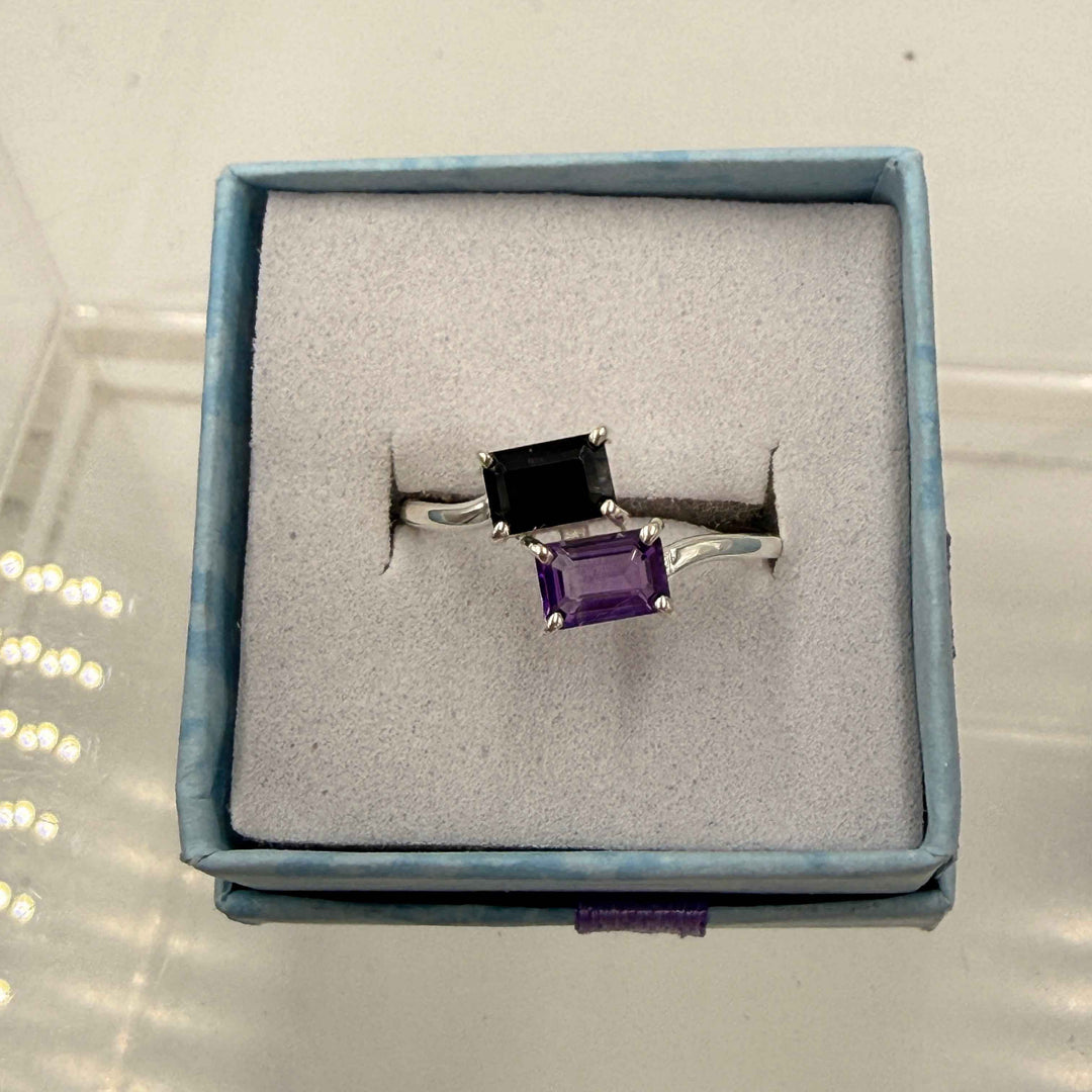 Sterling Silver Black Onyx &amp; Amethyst Ring - Size 8 - Protective, Spiritual &amp; Grounding