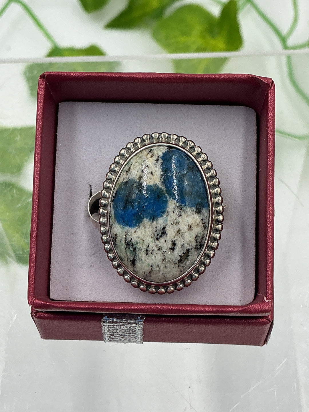 Natural K2 Stone Beaded Halo Sterling Silver Ring – Size 9 | Genuine Oval K2 Jasper Ring
