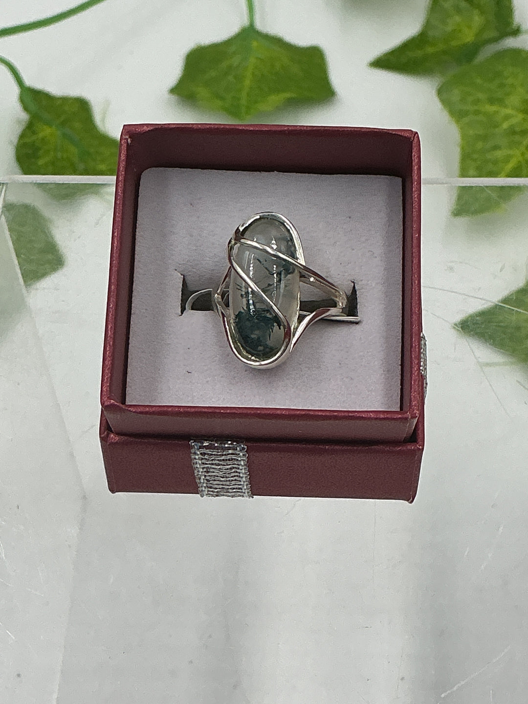 Sterling Silver Moss Agate Oval Bypass Ring - Size 6