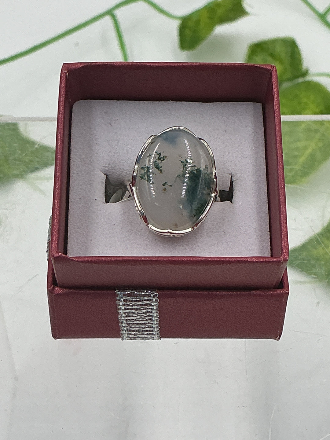 Sterling Silver Moss Agate Large Oval Statement Ring - Size 6