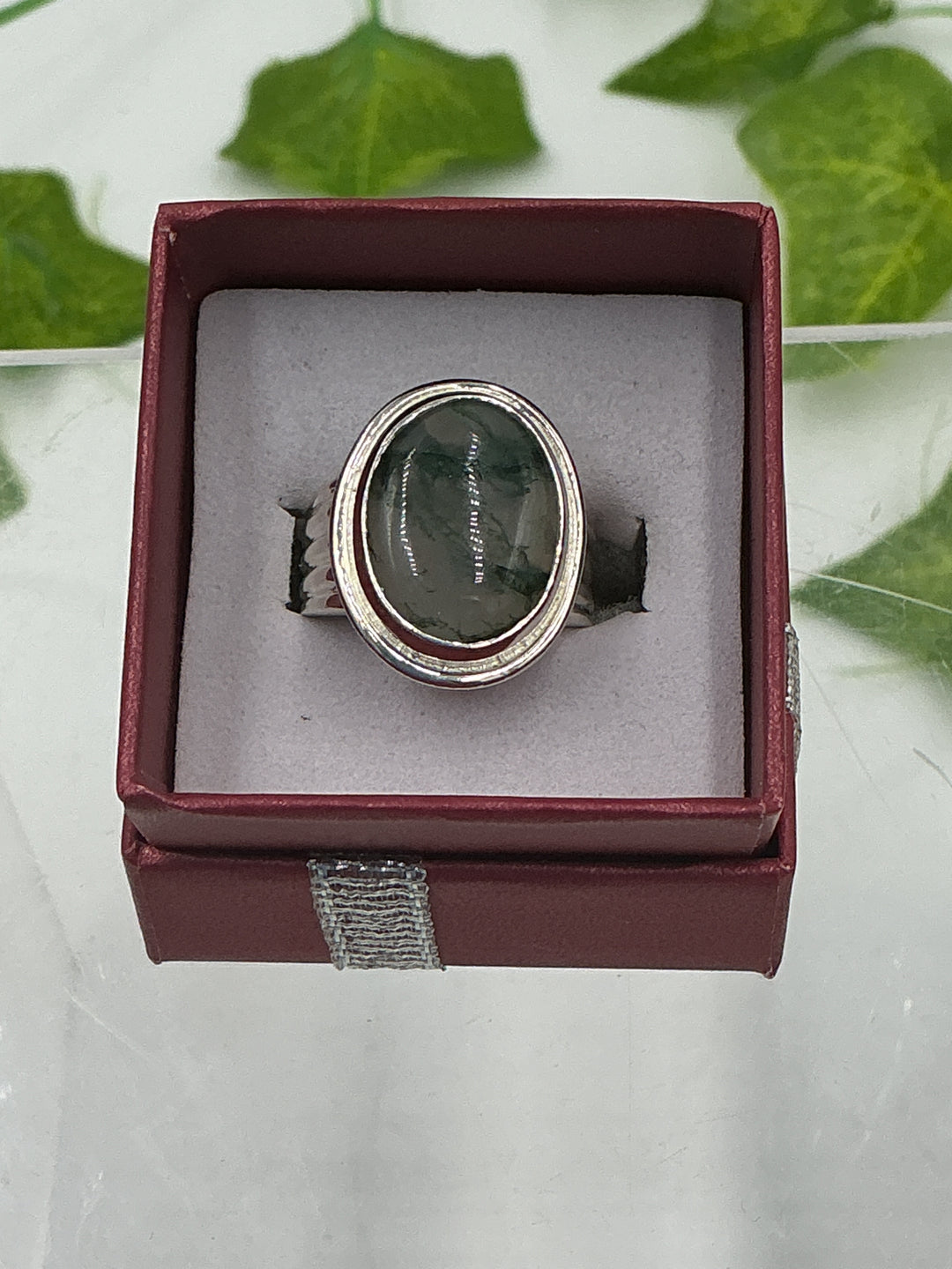 Sterling Silver Moss Agate Oval Rope Bezel Ring - Size 6