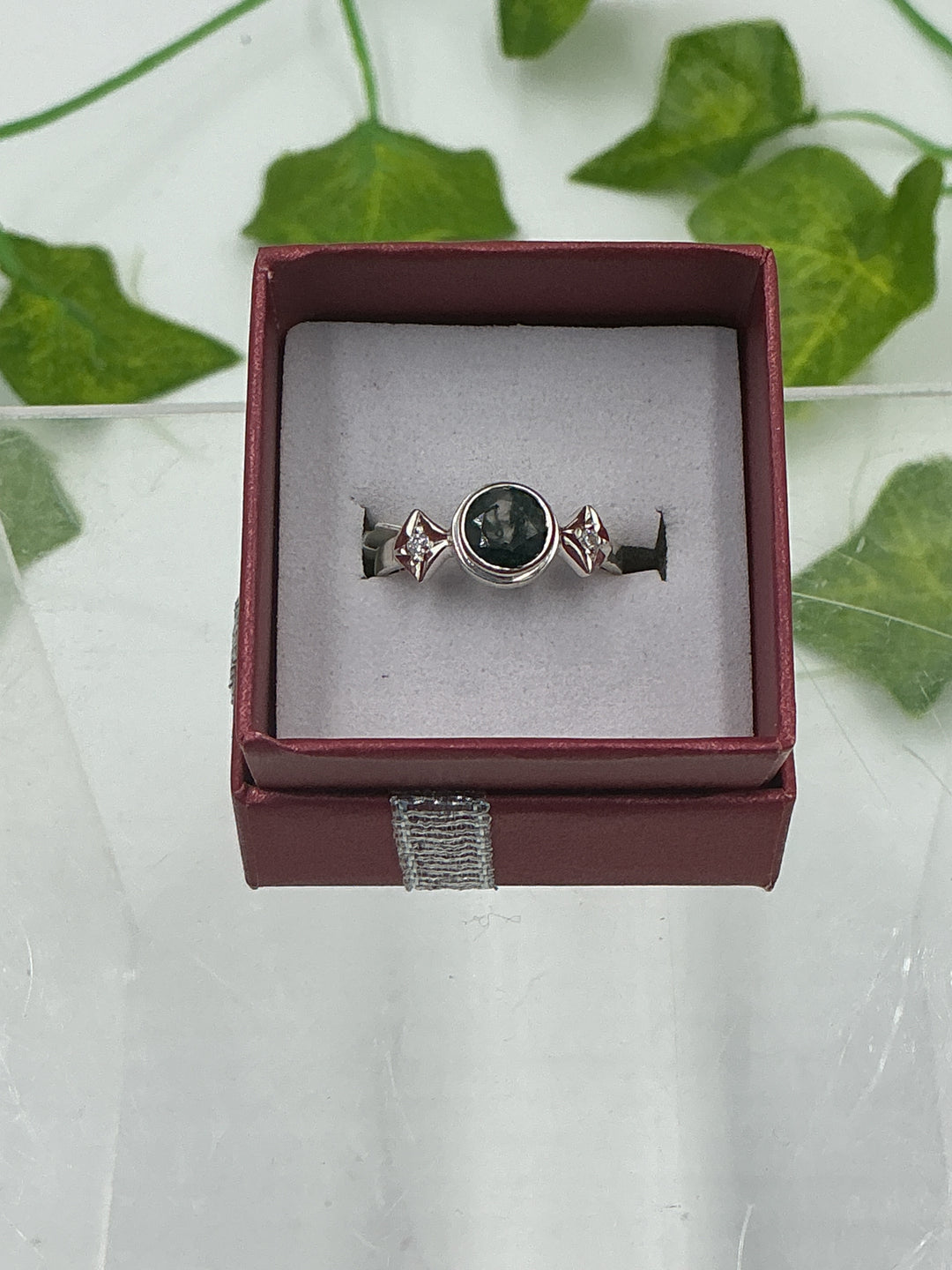 Sterling Silver Moss Agate Black Accent Ring - Size 7