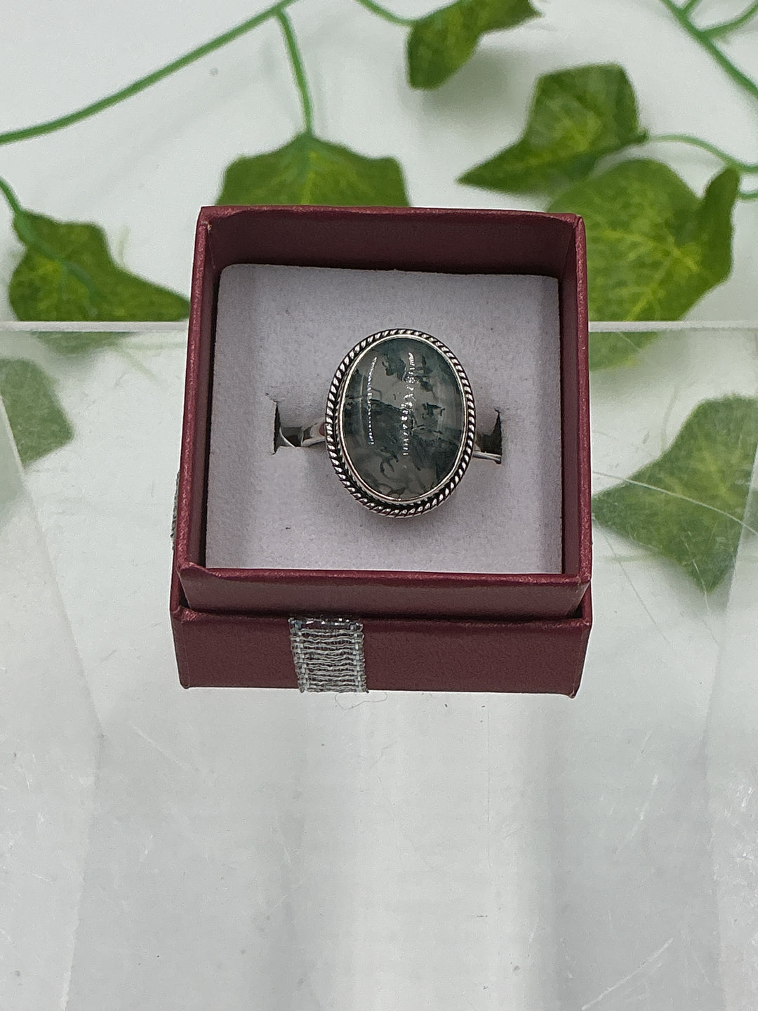 Sterling Silver Moss Agate Oval Filigree Ring - Size 7
