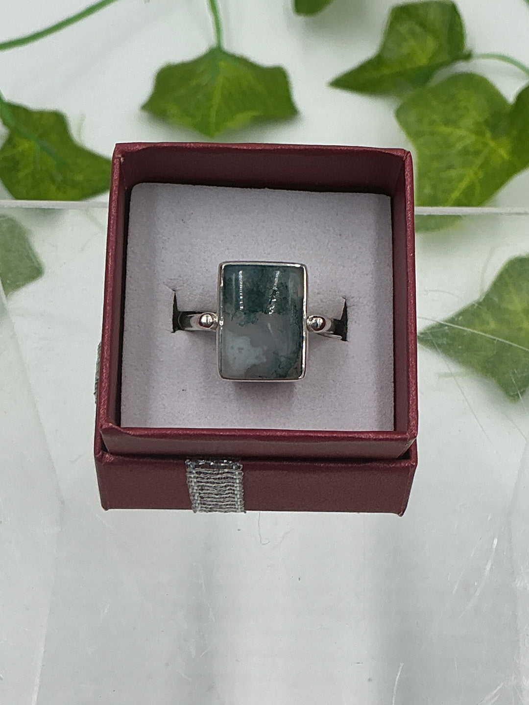 Sterling Silver Moss Agate Rectangle Bezel Ring - Size 8