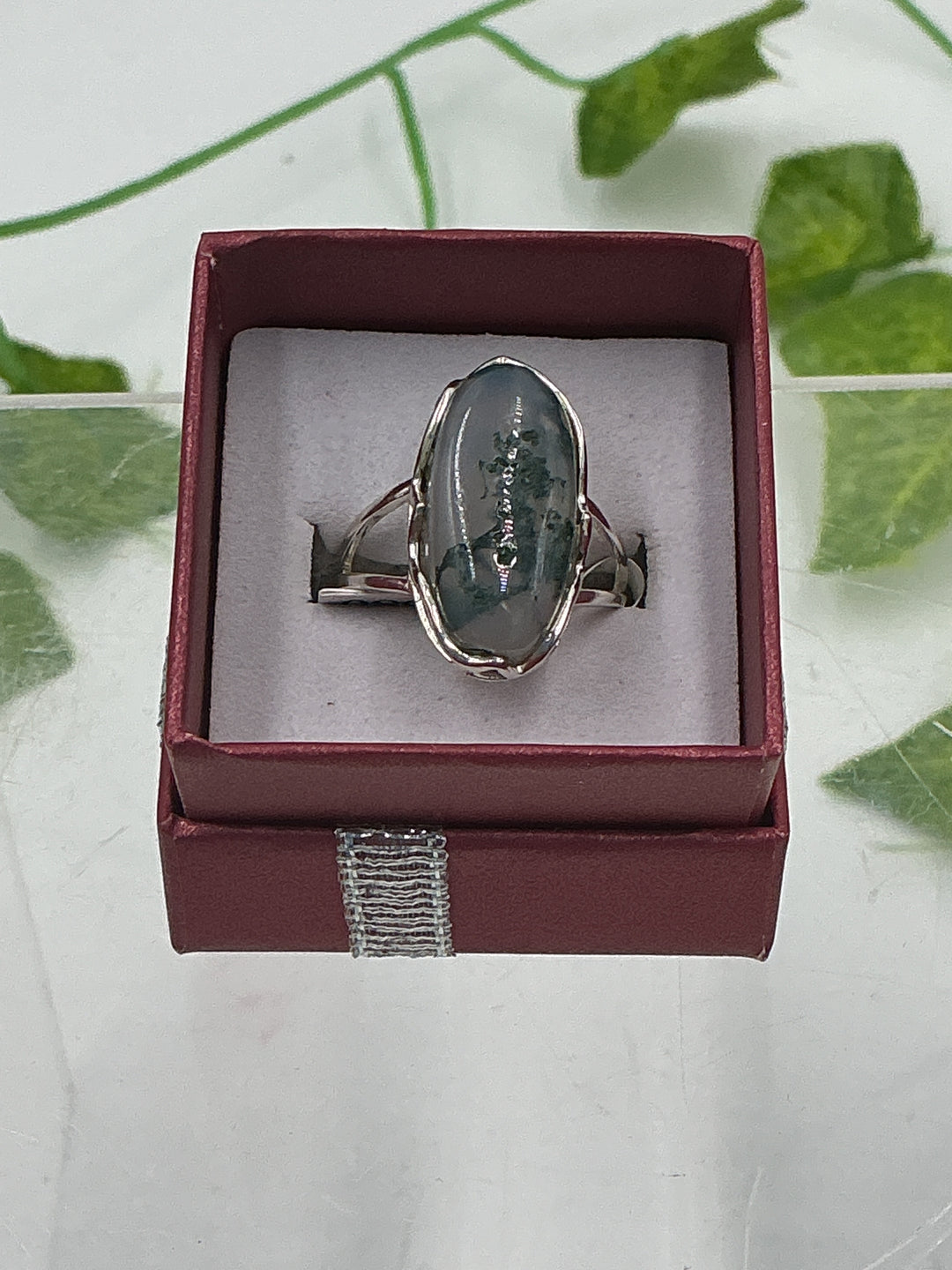 Sterling Silver Moss Agate Large Oval Ring - Size 8