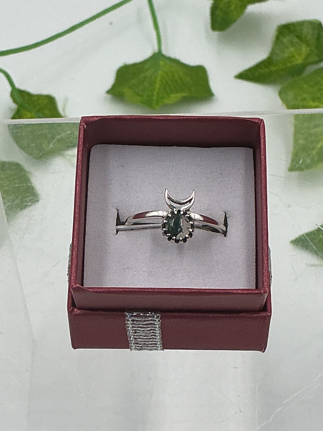 Sterling Silver Moss Agate Crescent Moon Ring - Size 9