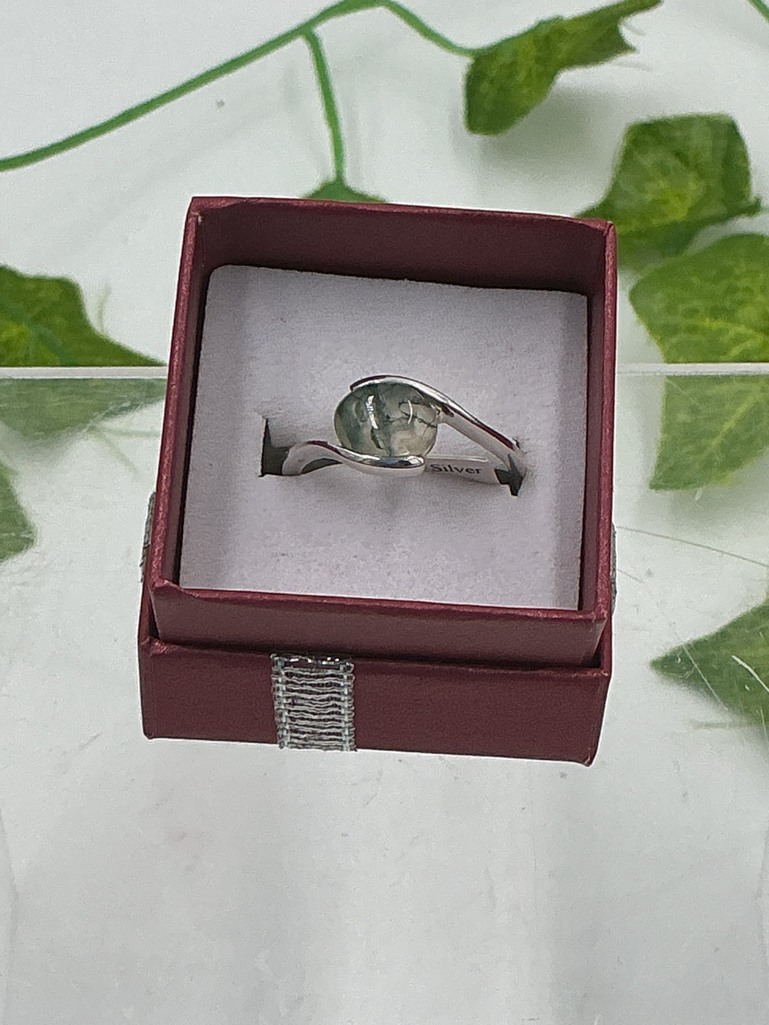 Sterling Silver Moss Agate Teardrop Ring - Size 9