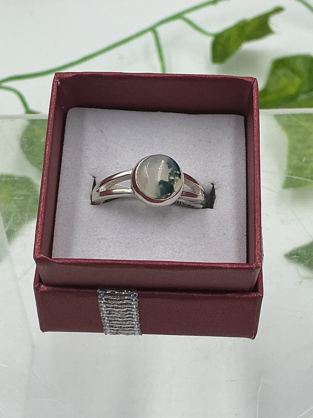 Sterling Silver Moss Agate Round Solitaire Ring - Size 8