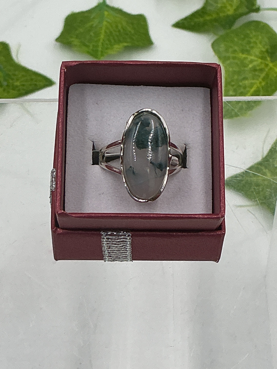 Sterling Silver Moss Agate Large Oval Ring