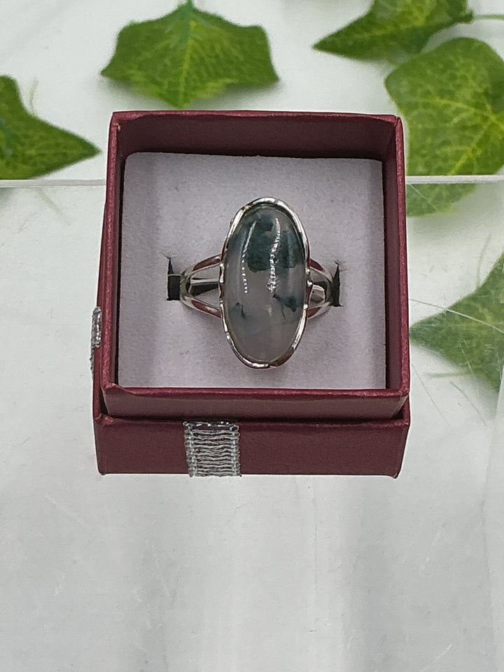 Sterling Silver Moss Agate Large Oval Ring
