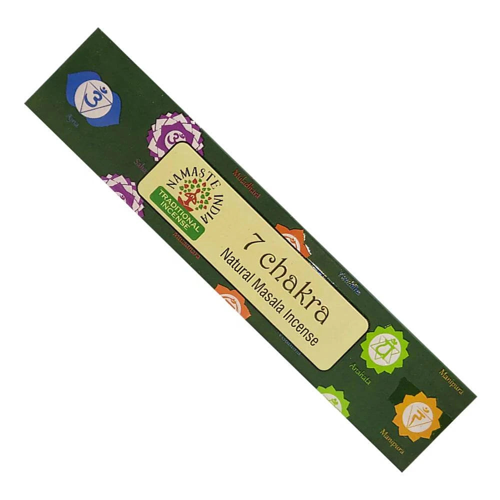 Box of 7 Chakra Natural Masala incense with green and yellow design on a white background