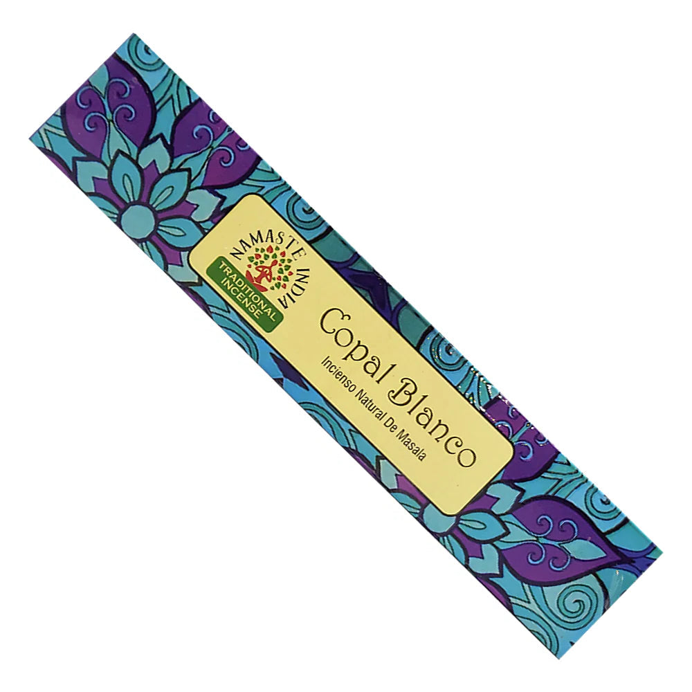 Box of Copal Blanco incense with decorative design on a white background