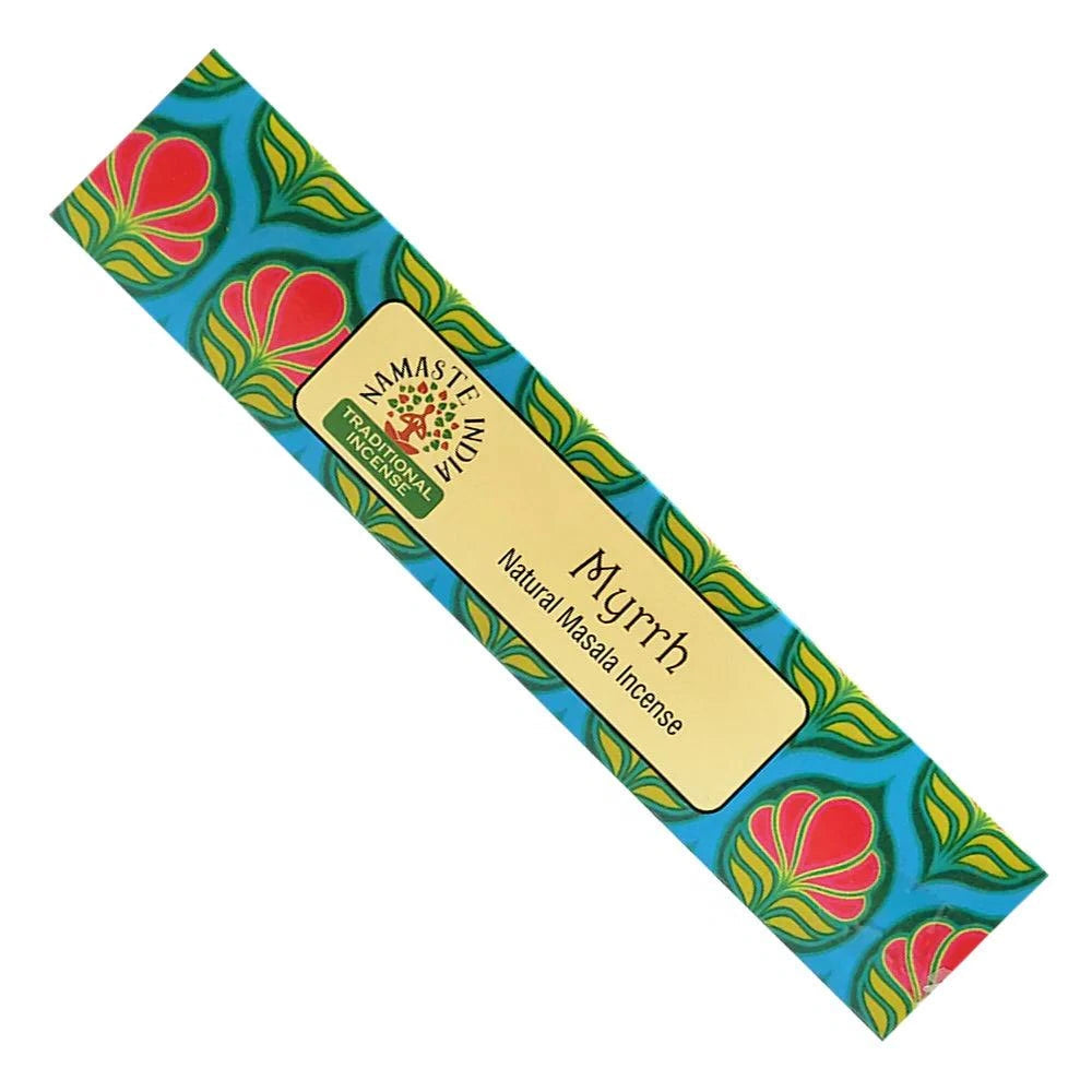 Box of Myrrh natural masala incense with decorative design on a white background
