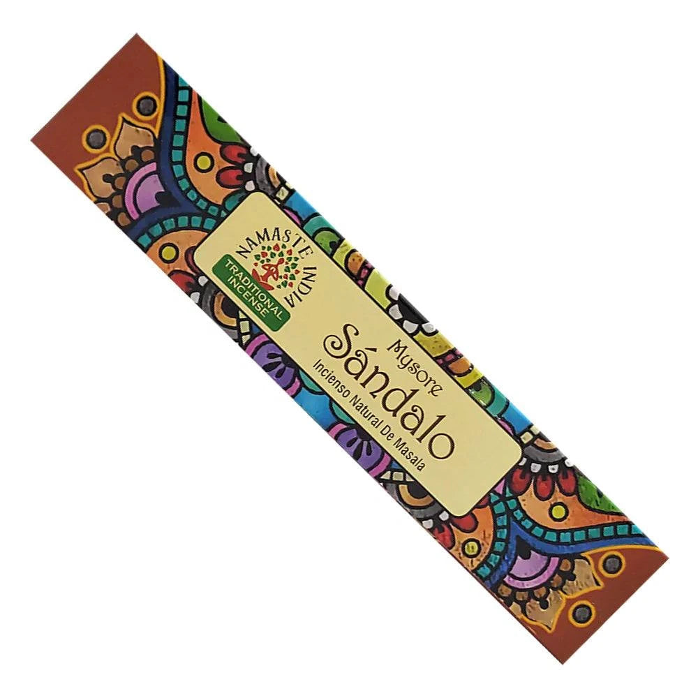 sandalo written on a yellow label of a colorful box with a mandala pattern on a white background