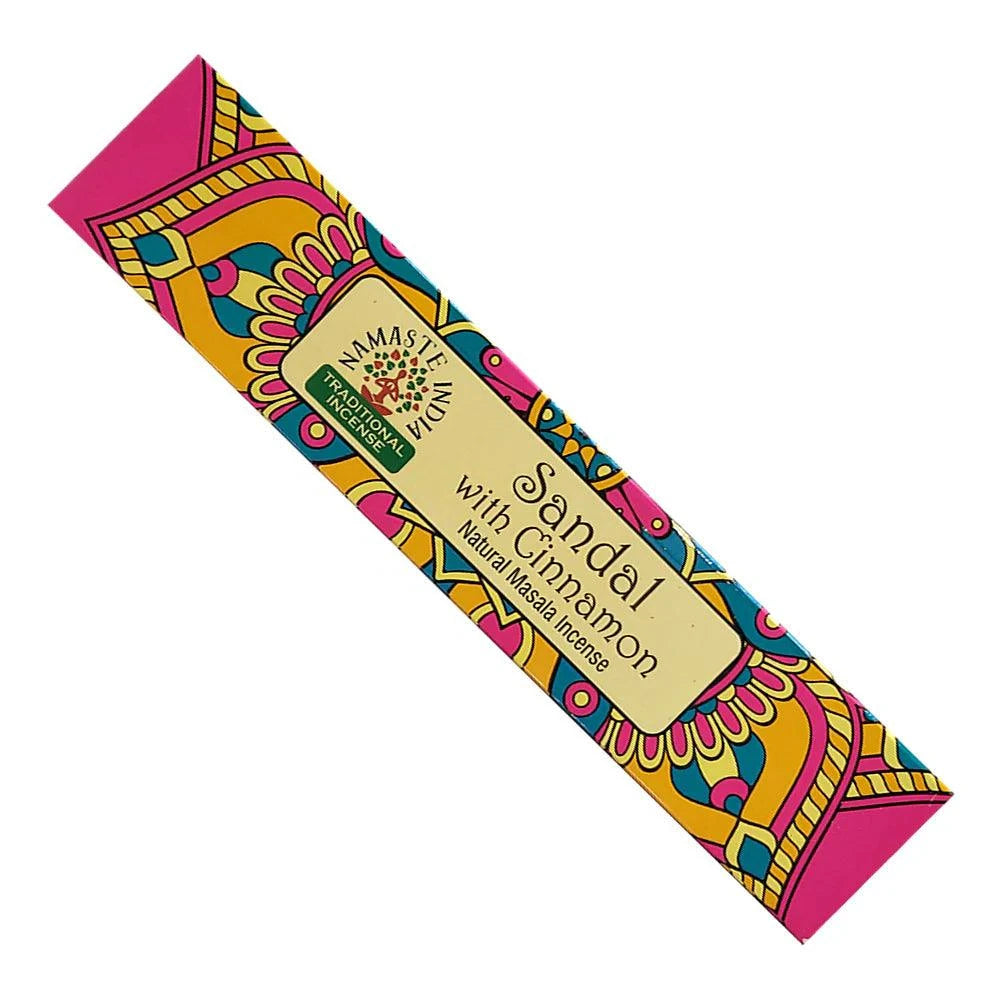 Colorful packaging of Sandal with Cinnamon incense sticks from Madhava India on a white background