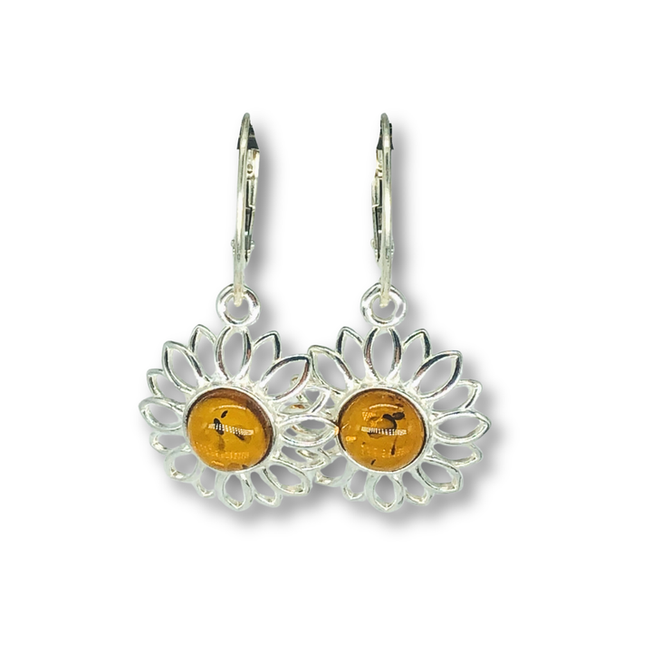 Baltic Amber Flower Earrings | Green or Orange Fossilized Resin