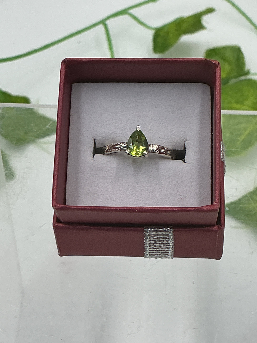 Sterling Silver Peridot Pear Solitaire Ring - Size 6