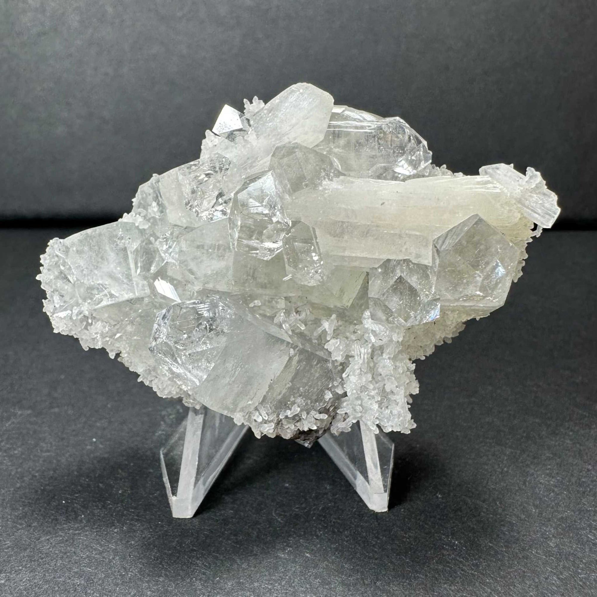 Clear Apophyllite Cluster with White Stilbite on Chalceedony from India