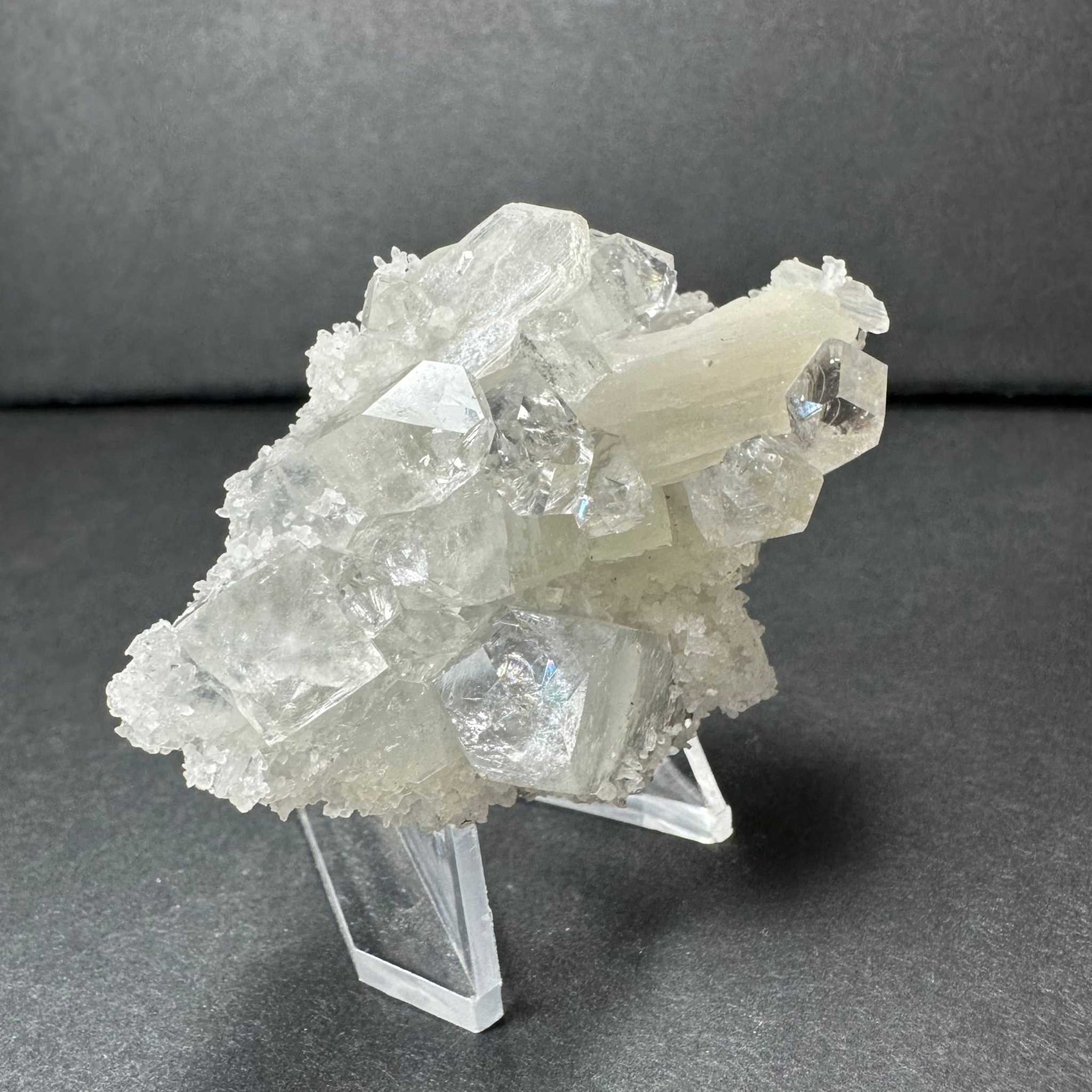 Clear Apophyllite Cluster with White Stilbite on Chalceedony from India