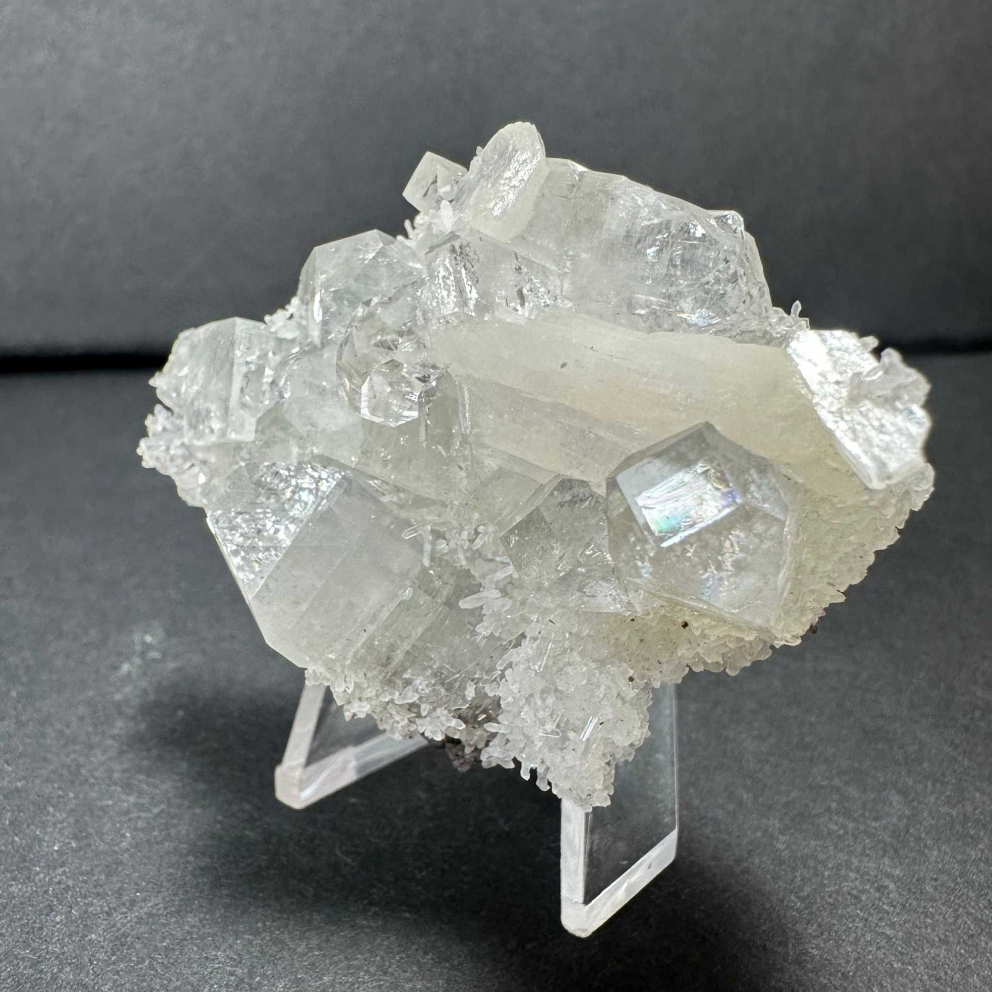 Clear Apophyllite Cluster with White Stilbite on Chalceedony from India