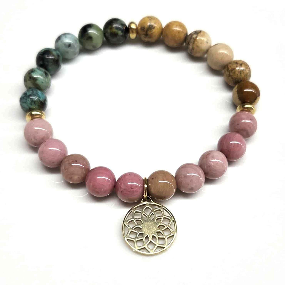 Rhodonite African Turquoise Picture Jasper Round Bead Charm Bracelet