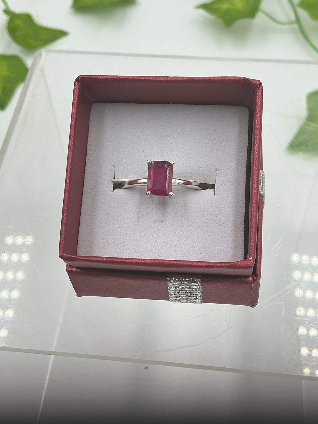 Natural Emerald Cut Ruby Sterling Silver Solitaire Ring – Genuine Ruby Gemstone Statement Ring – Size 6