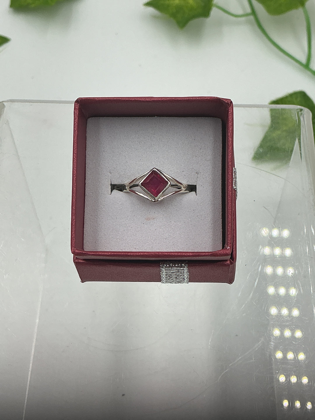 Natural Princess Cut Ruby Sterling Silver Ring – Genuine Ruby Geometric Statement Ring – Size 6