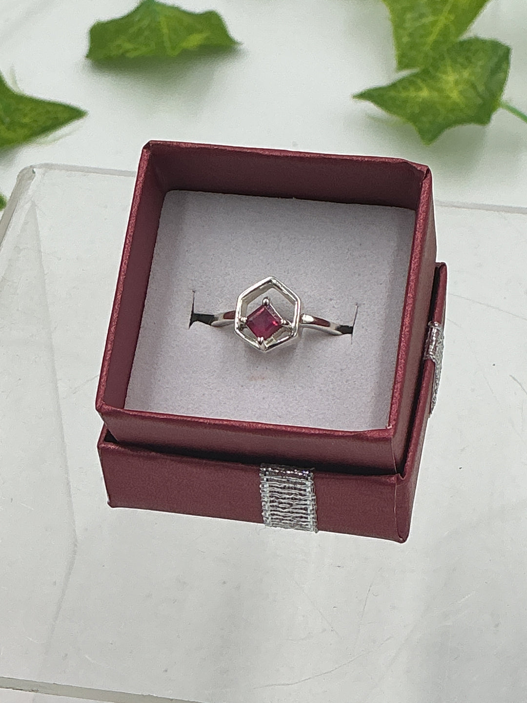 Natural Princess Cut Ruby Hexagon Sterling Silver Ring – Genuine Ruby Geometric Ring – Size 6
