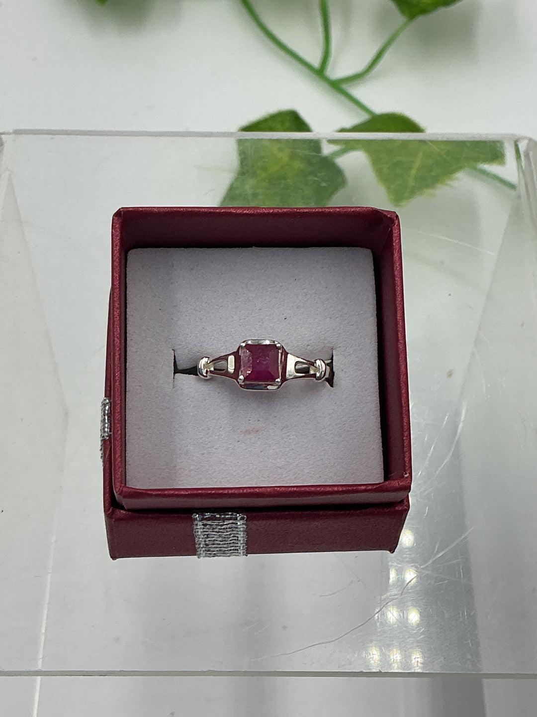 Natural Emerald Cut Ruby Sterling Silver Ring – Genuine Ruby Solitaire Ring – Size 7