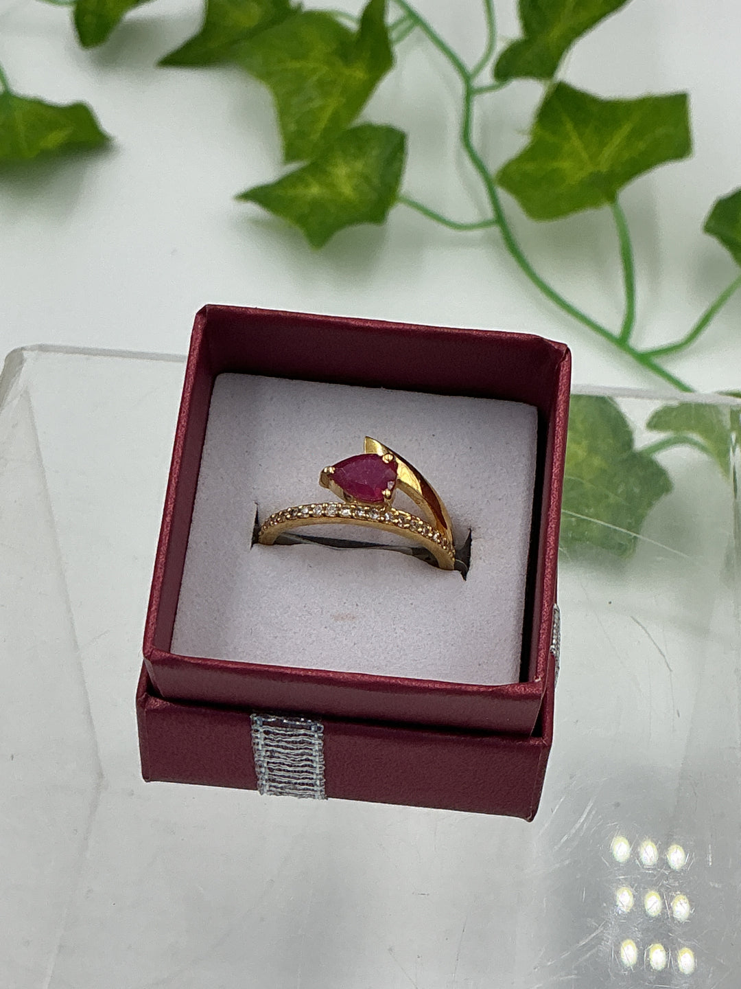Natural Faceted Ruby Pear Ring in Gold Vermeil with CZ Accent Band – Size 7