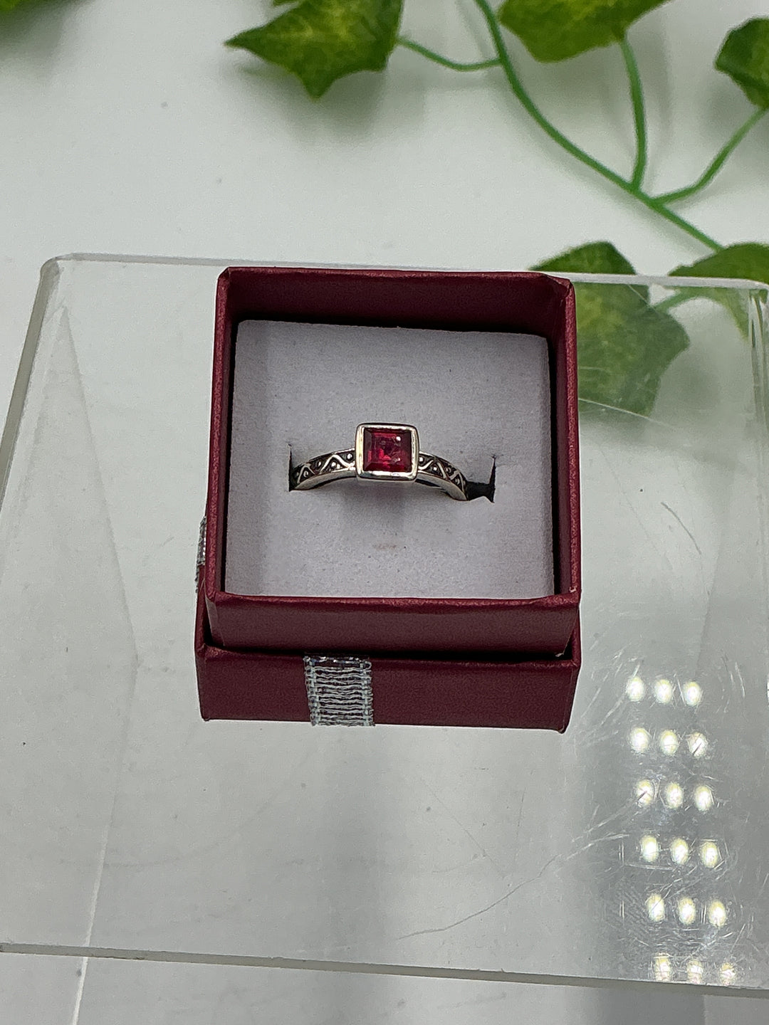 Natural Princess Cut Ruby Sterling Silver Ring – Vintage Scroll Band – Size 7