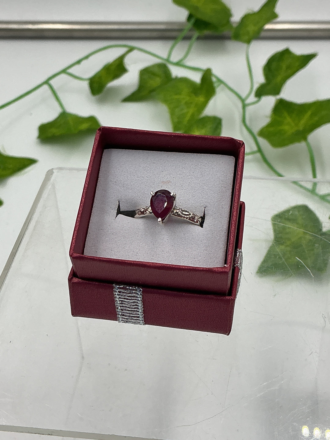 Natural Faceted Ruby Floral Sterling Silver Ring – Engraved Band | Size 8