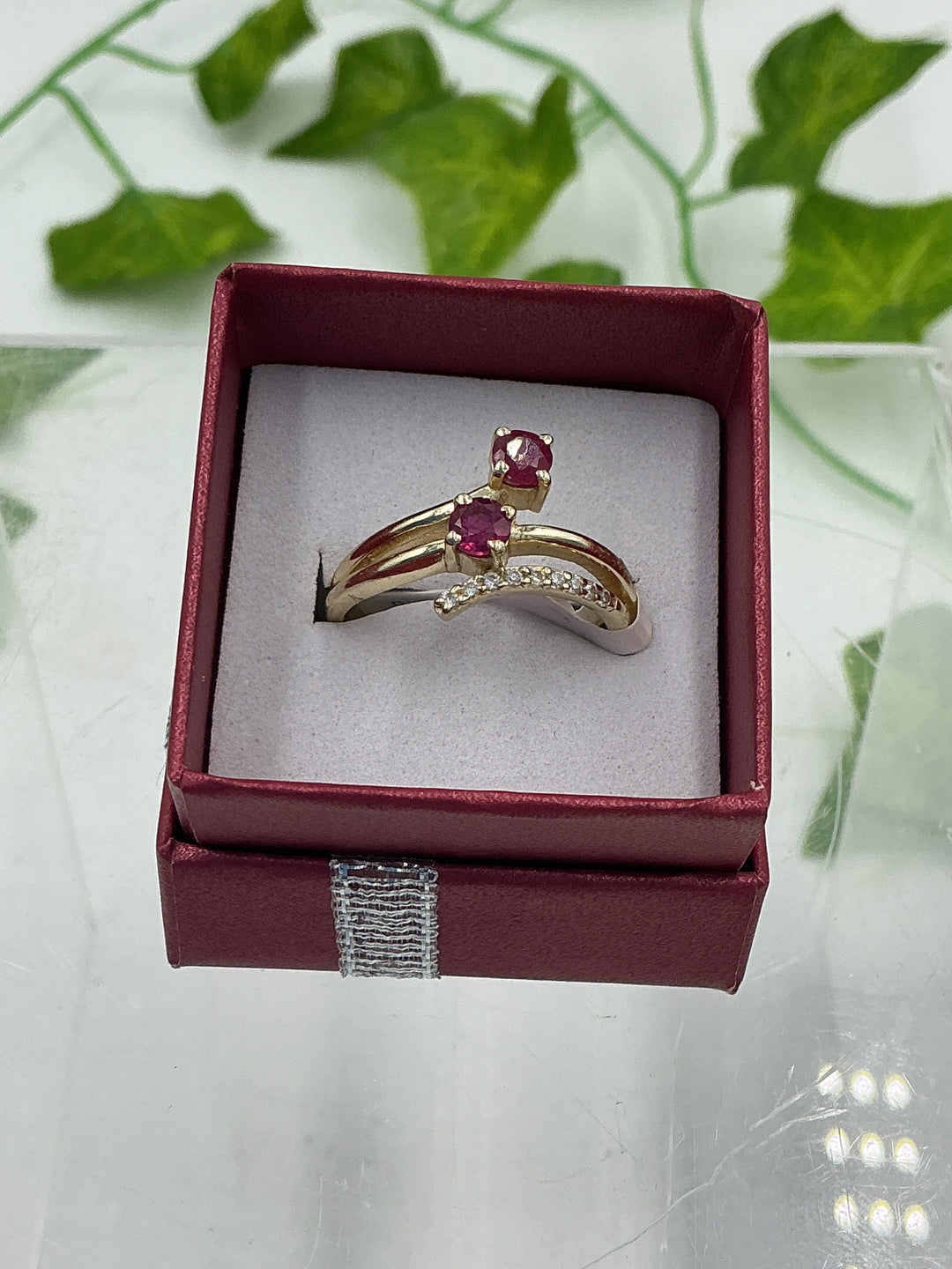Natural Faceted Ruby Gold Plated Bypass Ring with CZ Accent – Size 8