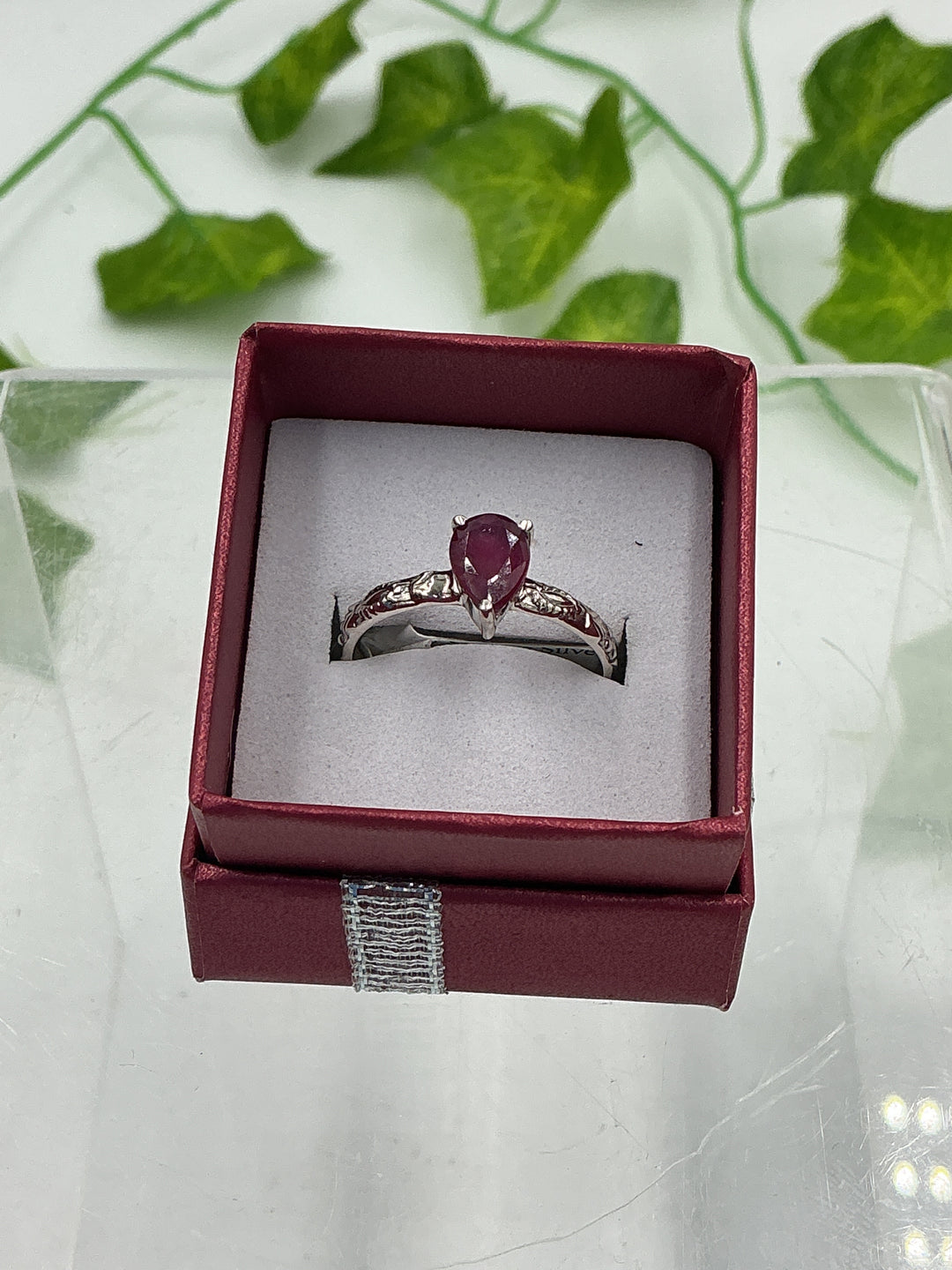 Natural Faceted Pear Ruby Sterling Silver Floral Ring – Size 9
