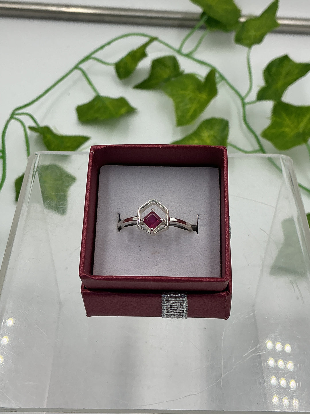 Natural Faceted Ruby Hexagon Sterling Silver Ring – Size 9